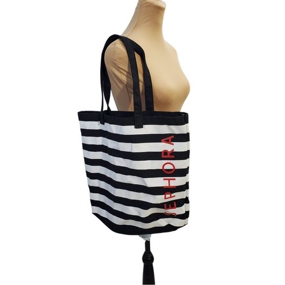4x$25 Sephora black white stripes open tote bag - Picture 1 of 11